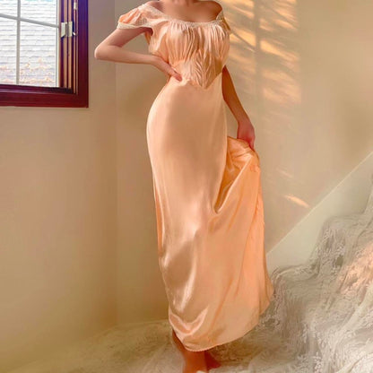 1940s vintage peach & cream lace bias cut lingerie gown