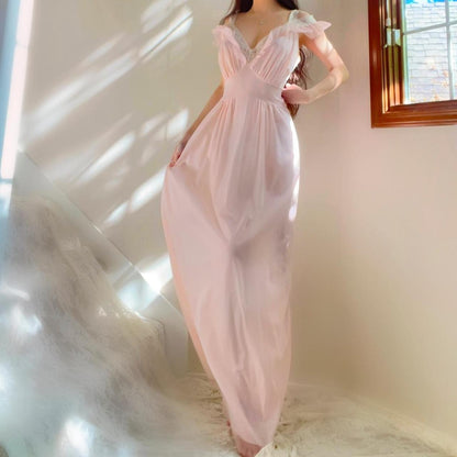 1940s Vanity Fair baby pink ballerina princess ruffled sheer nylon lingerie gown