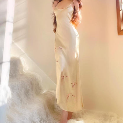 1970s Nightingale Champagne Nude Silk Bias Cut Crane Print Lingerie Slip Dress