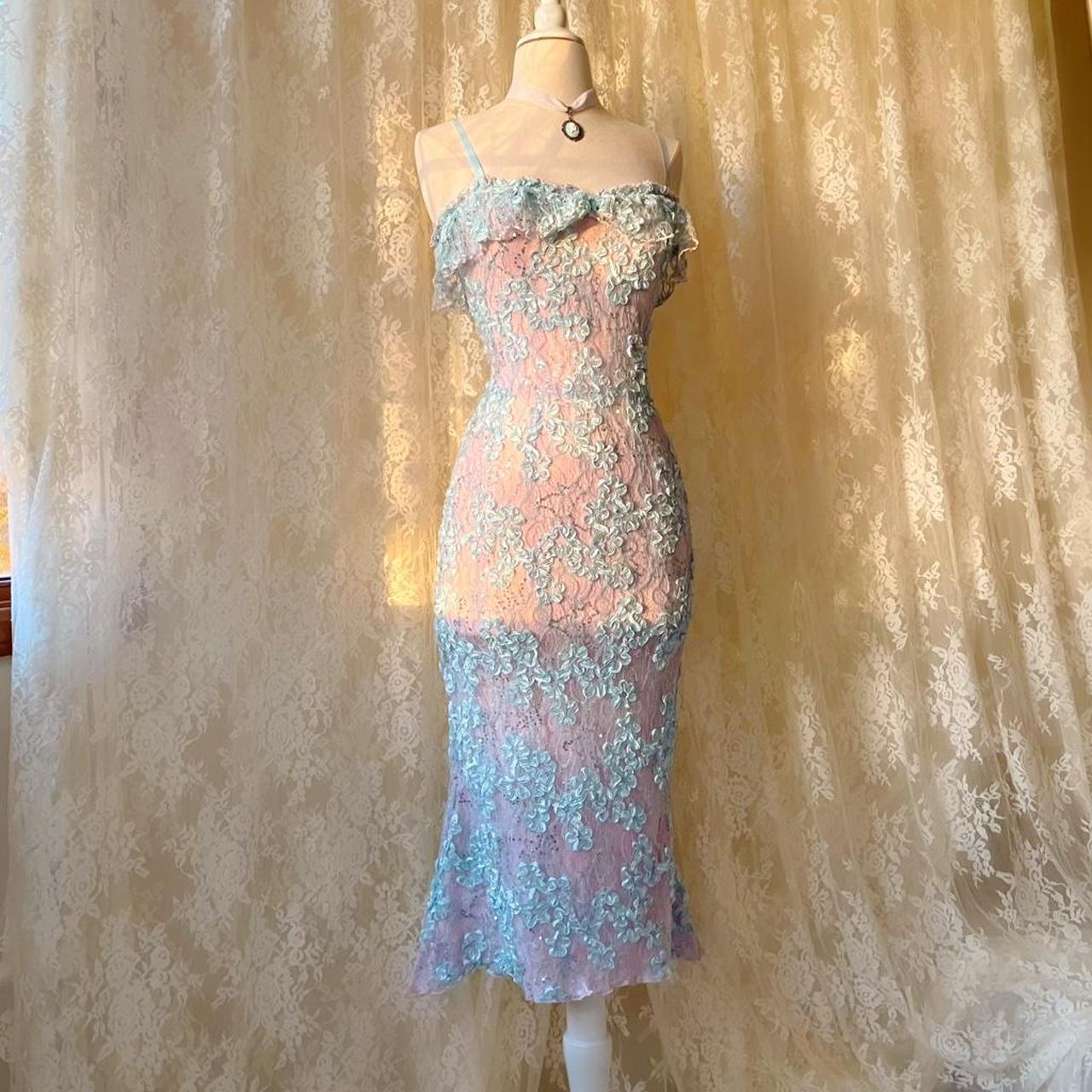 Siren Princess Baby Blue & Pink Sparkly Lace Mermaid Midi Dress