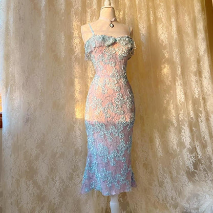 Siren Princess Baby Blue & Pink Sparkly Lace Mermaid Midi Dress