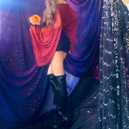 Red Leopard Mesh & Black Draped Batwing Sleeve Mini Dress