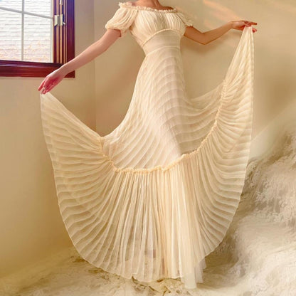 1930s antique ivory/cream stripped silk chiffon ruched gown