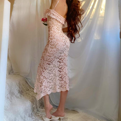 Baby Pink Ruffle Asymmetric Hem Fairy Lingerie Midi Dress