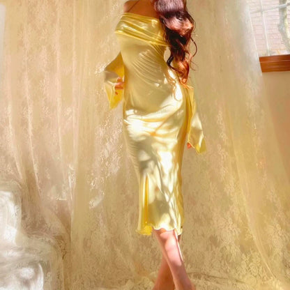 Aphrodite’s Angel Pale Yellow Off the Shoulder Mermaid Midi Dress