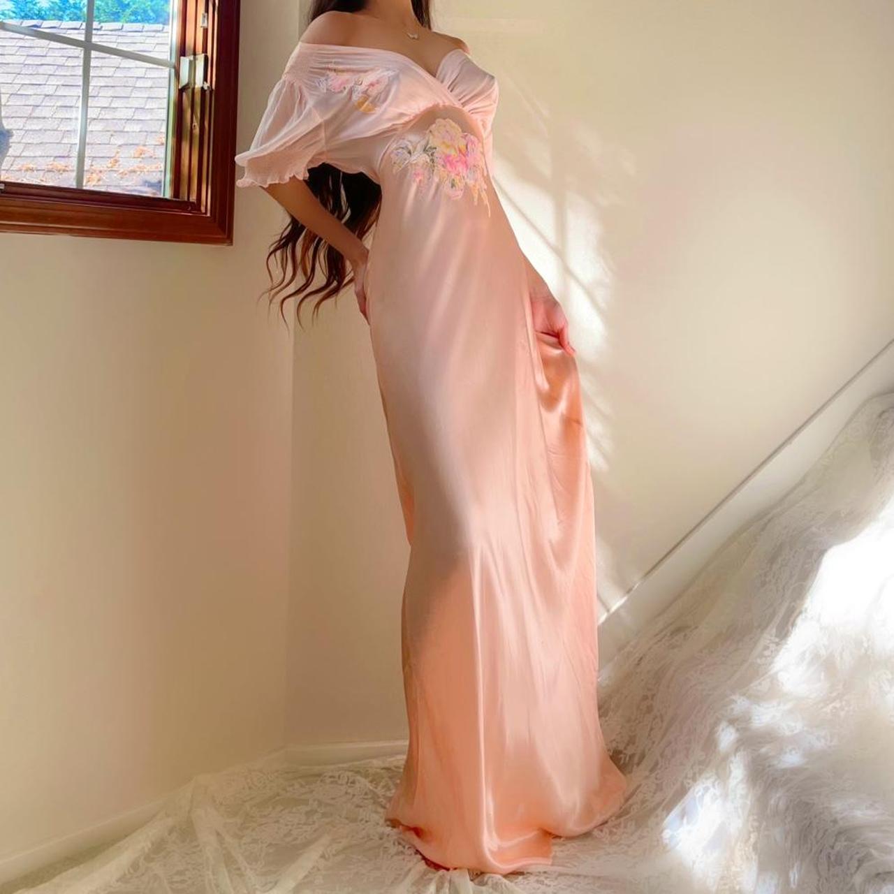 1930s antique peachy baby pink floral ruffle sleeve bias cut lingerie gown