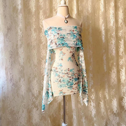 Aphrodite's Angel Baby Blue & White Floral Knit Off the Shoulder Dress