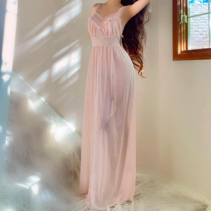 1940s baby pink ballerina princess ruffled nylon lingerie maxi dress