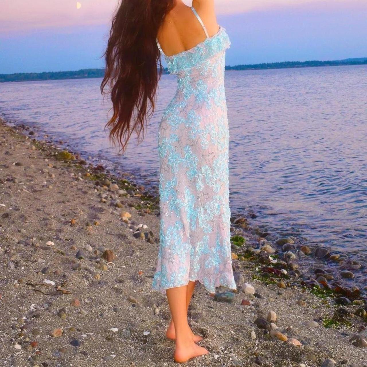 Siren Princess Baby Blue & Pink Sparkly Lace Mermaid Midi Dress