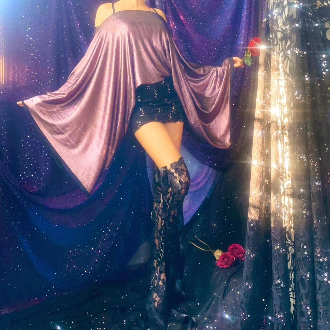 Metallic Mauve/Black Sparkly Lace Draped Batwing Mini Dress