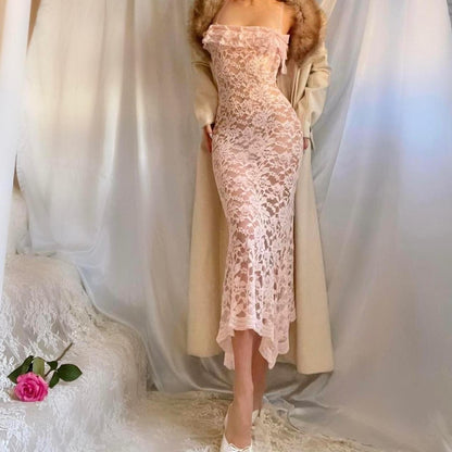 Aphrodite’s Fairy Baby Pink Lace Ruffle Asymmetric Hem Lingerie Midi Dress