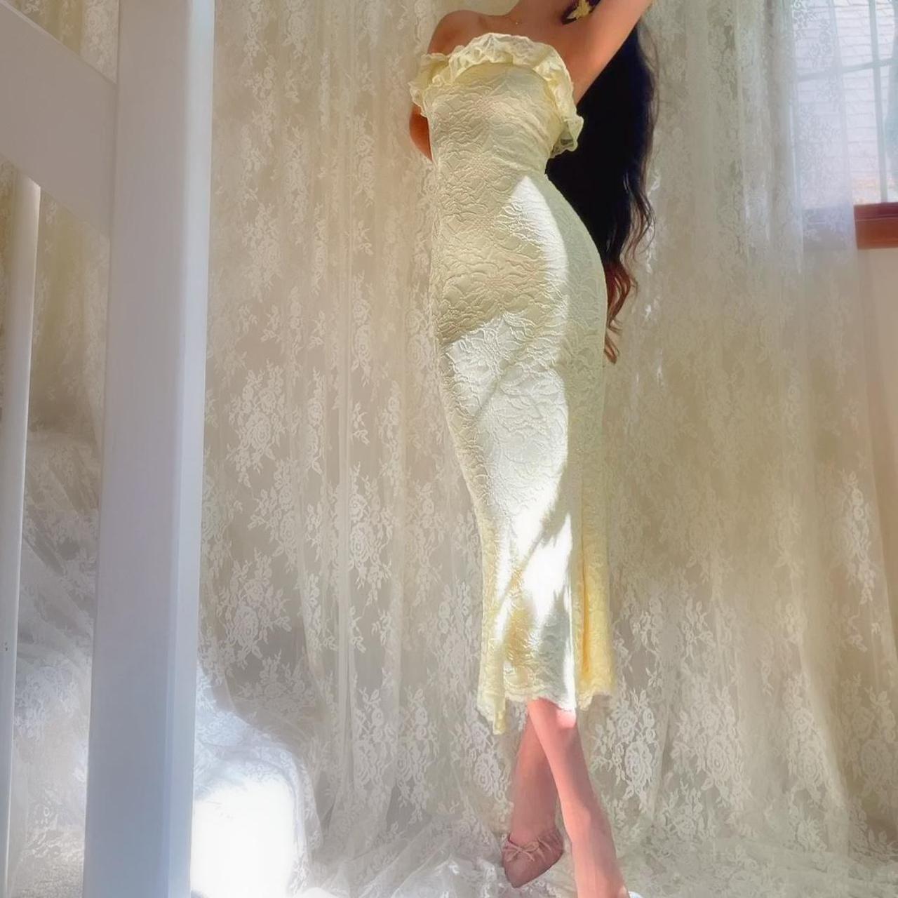 Pale Yellow Sparkly Lace Ruffle Strapless Midi Dress