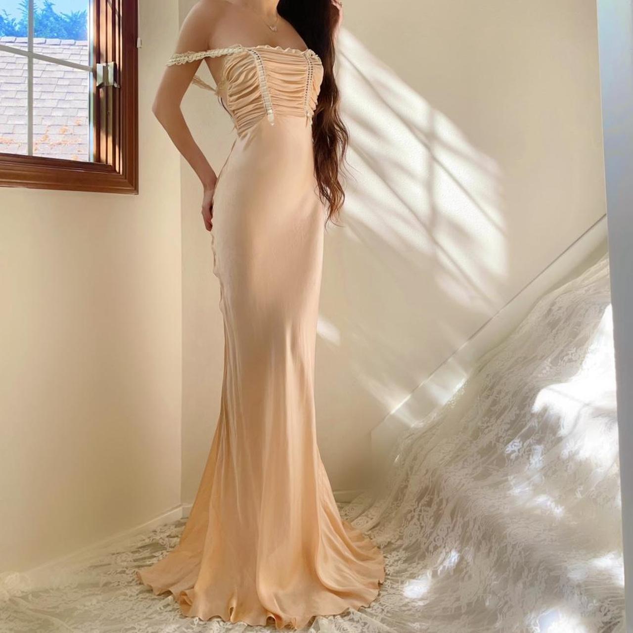 1930s antique soft peach/apricot romantic silk bias cut lingerie gown