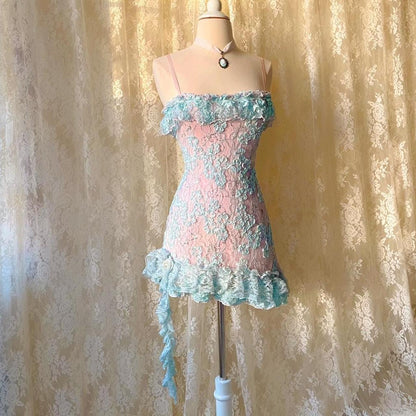 Ballerina Princess Baby Blue & Pink Lace Ruffled Mini Dress