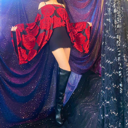 Red Velvet Rose & Black Draped Batwing Sleeve Mini Dress