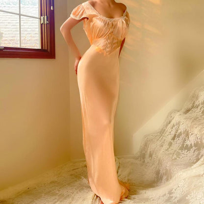 1940s vintage peach & cream lace bias cut lingerie gown