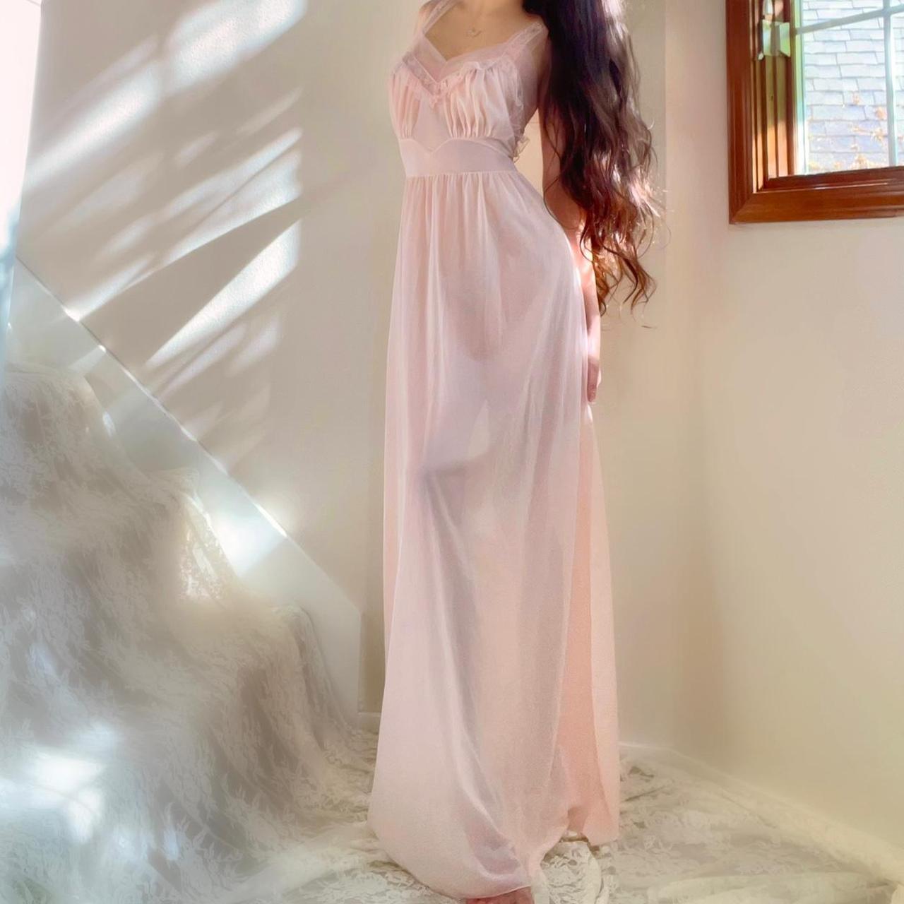 1940s baby pink ballerina princess ruffled nylon lingerie maxi dress