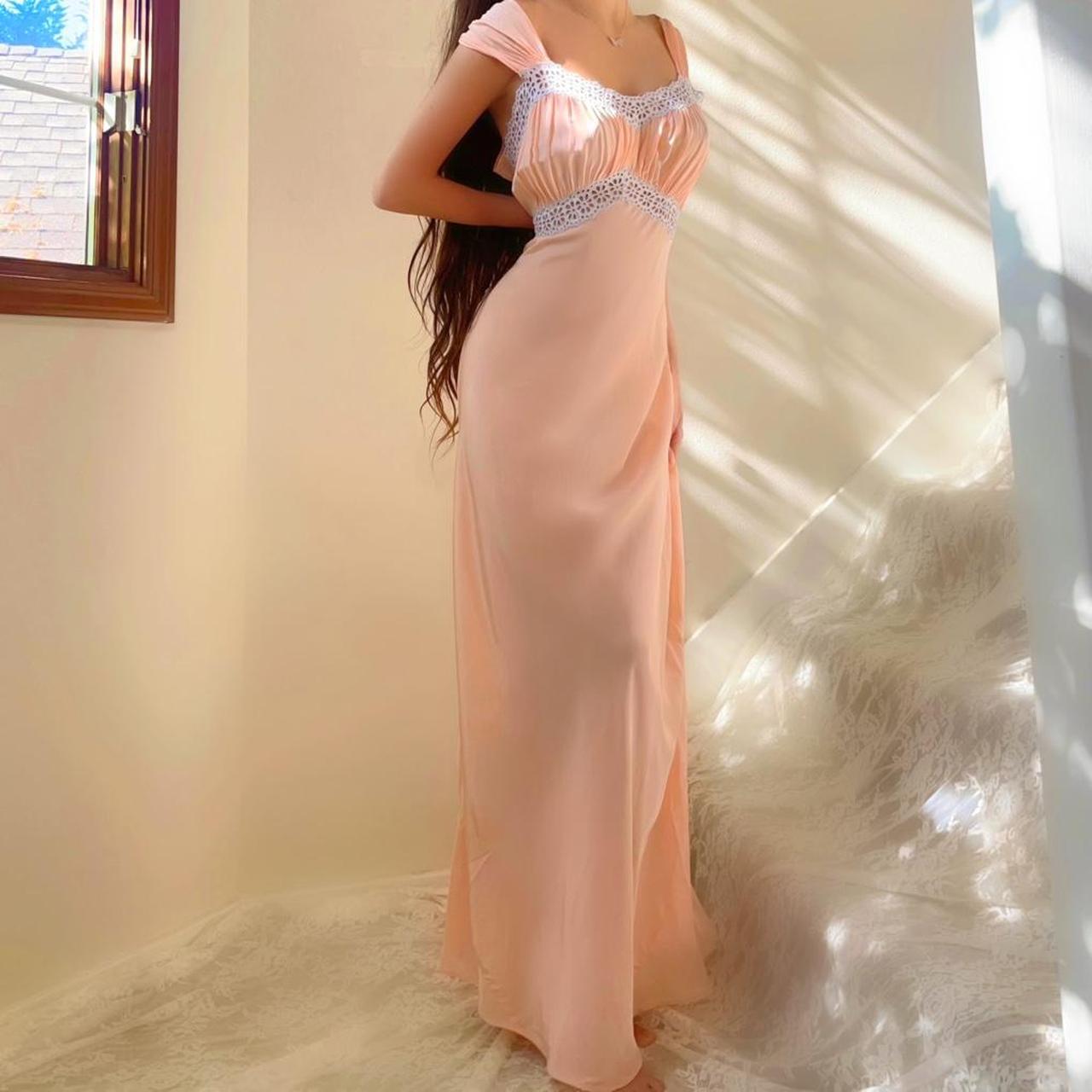 1940s vintage peachy pink & gray rayon bias cut lingerie gown