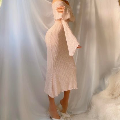 Aphrodite’s Angel Baby Pink Off the Shoulder Mermaid Midi Dress