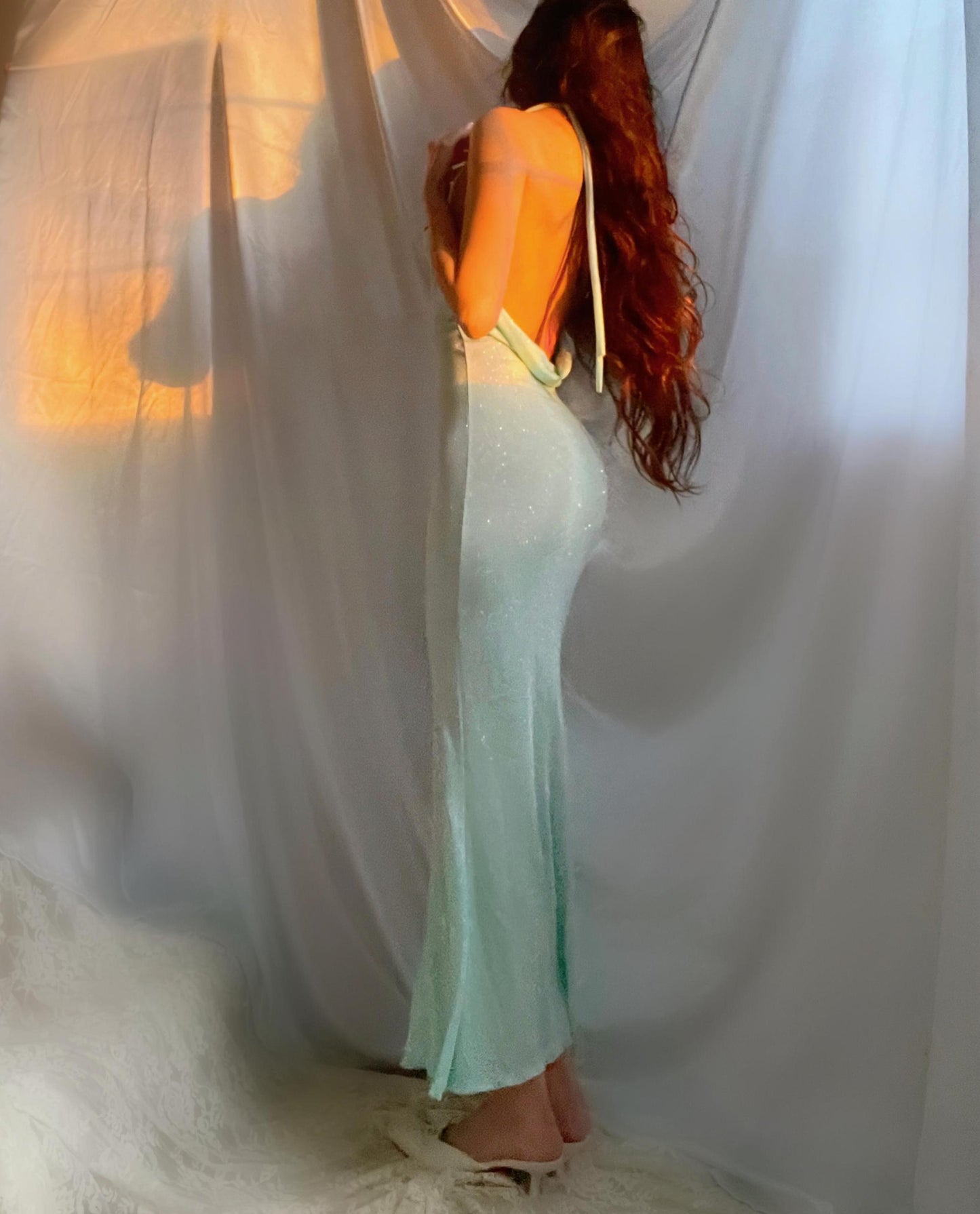 Minty Sea Green Sparkly Cowl Mermaid Maxi Dress (Made to Order)