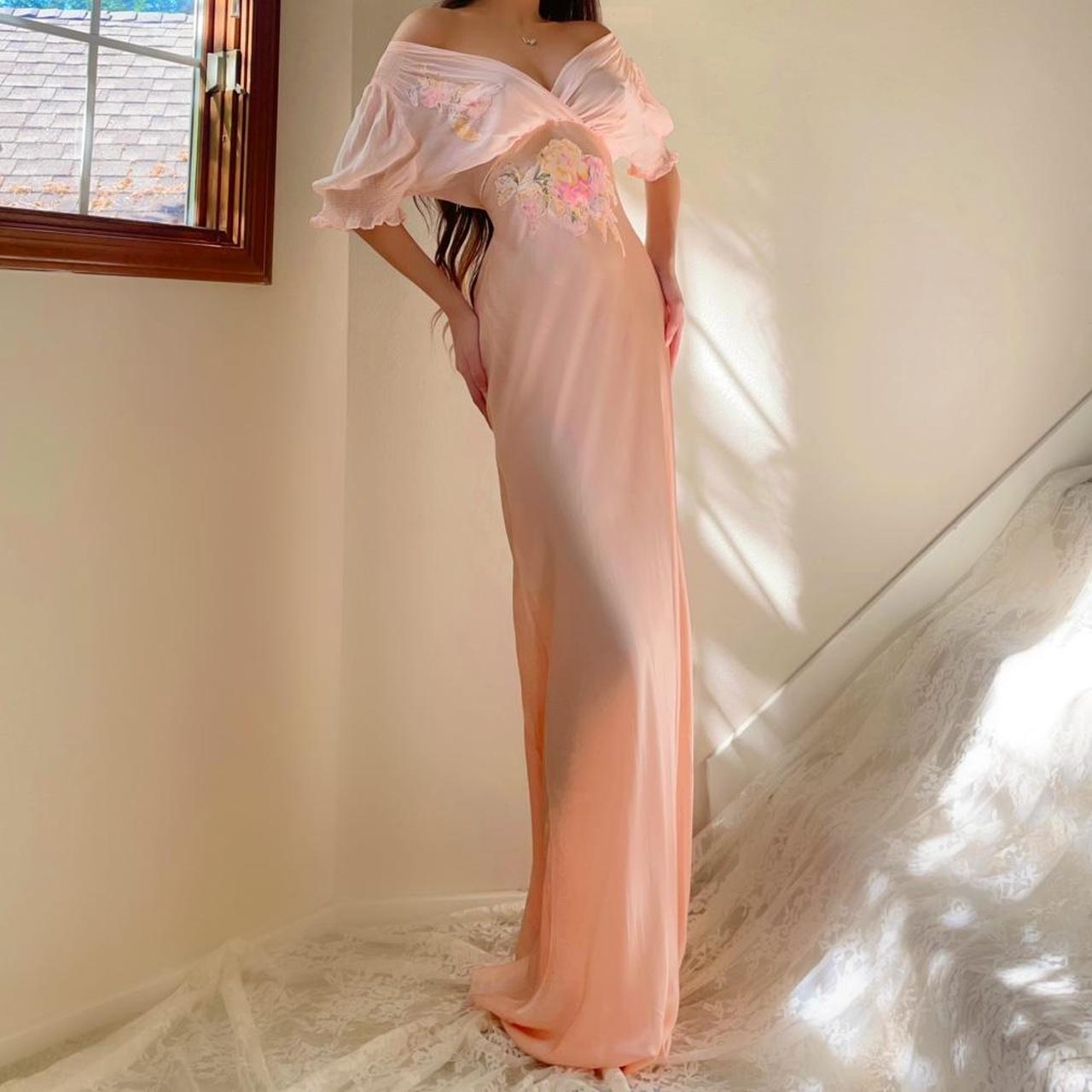 1930s antique peachy baby pink floral ruffle sleeve bias cut lingerie gown