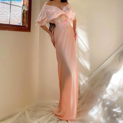 1930s antique peachy baby pink floral ruffle sleeve bias cut lingerie gown
