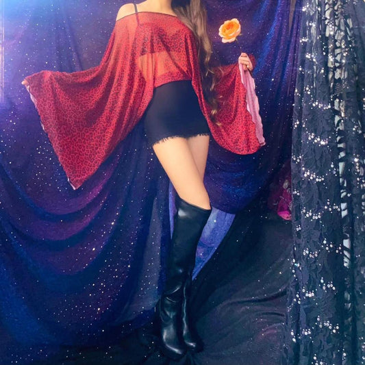 Red Leopard Mesh & Black Draped Batwing Sleeve Mini Dress