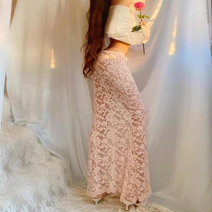 Baby Pink Lace See Through Mermaid Maxi Skirt