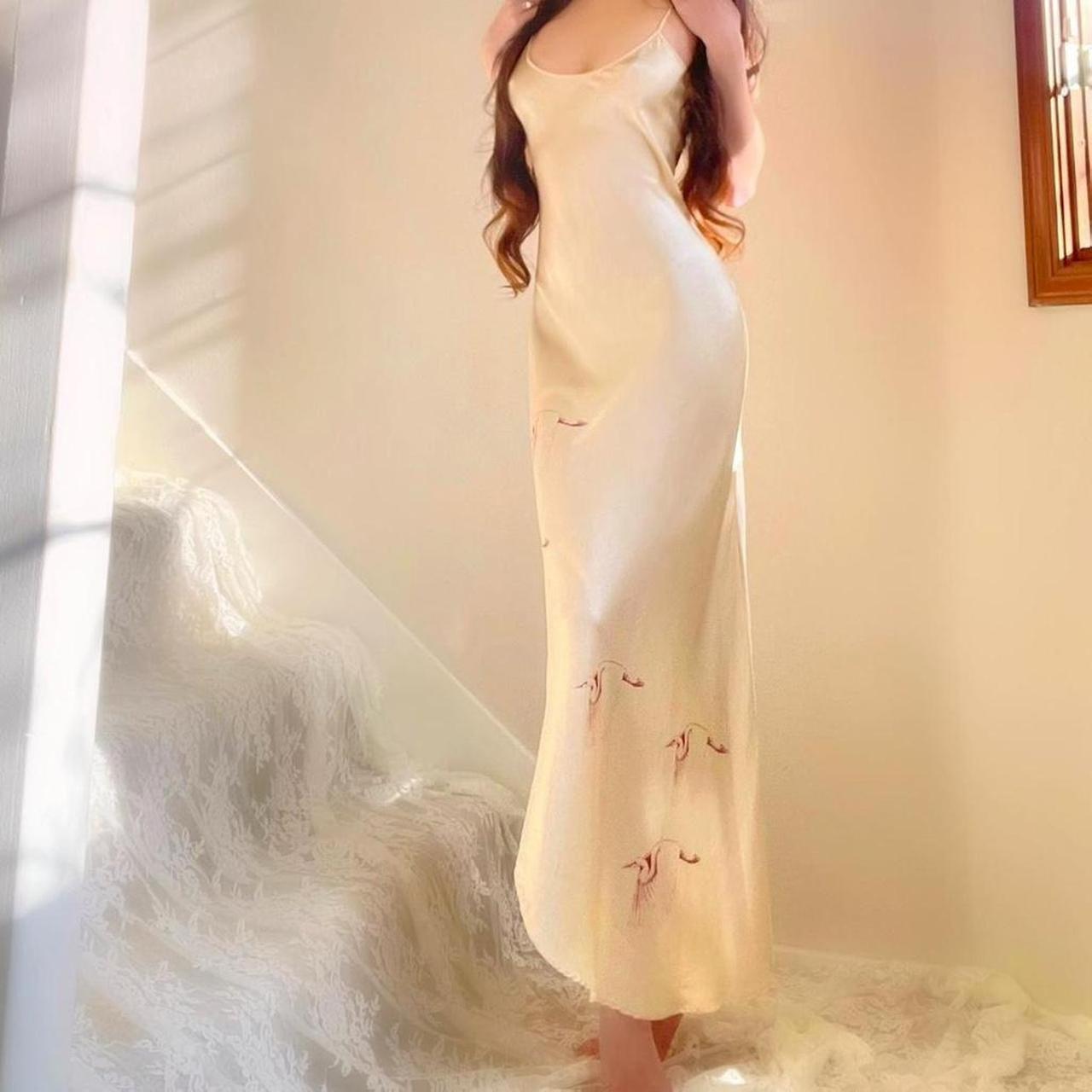 1970s vintage Nightingale champagne nude silk bias cut crane print lingerie slip dress