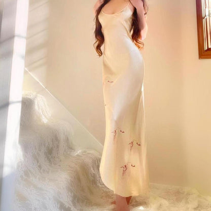 1970s vintage Nightingale champagne nude silk bias cut crane print lingerie slip dress