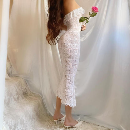 White Seashell Swirl Lace Ruffle Mermaid Midi Dress