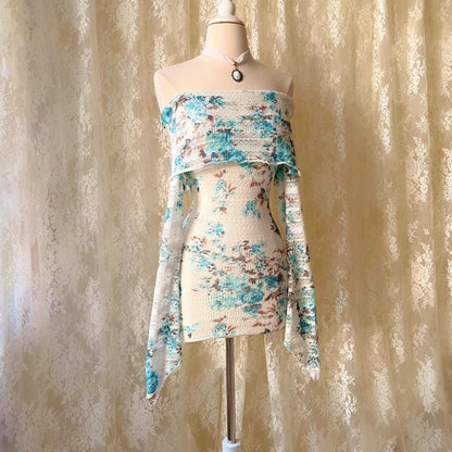 Aphrodite's Angel Baby Blue & White Floral Knit Off the Shoulder Dress