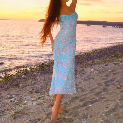 Siren Pastel Princess Baby Blue/Pink Lace Ruffled Mermaid Midi Dress