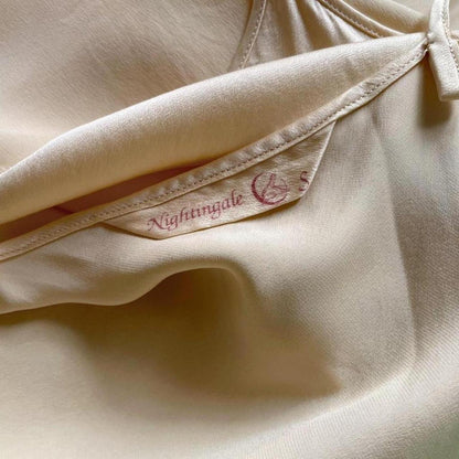 1970s vintage Nightingale champagne nude silk bias cut crane print lingerie slip dress