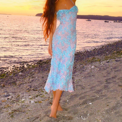 Siren Pastel Princess Baby Blue/Pink Lace Ruffled Mermaid Midi Dress