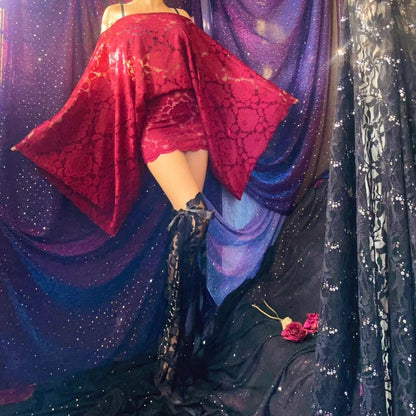 Burgundy/Maroon Lace Draped Batwing Mini Dress