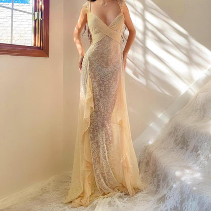 1930s antique ivory/cream lace and silk flowy ruffled lingerie gown