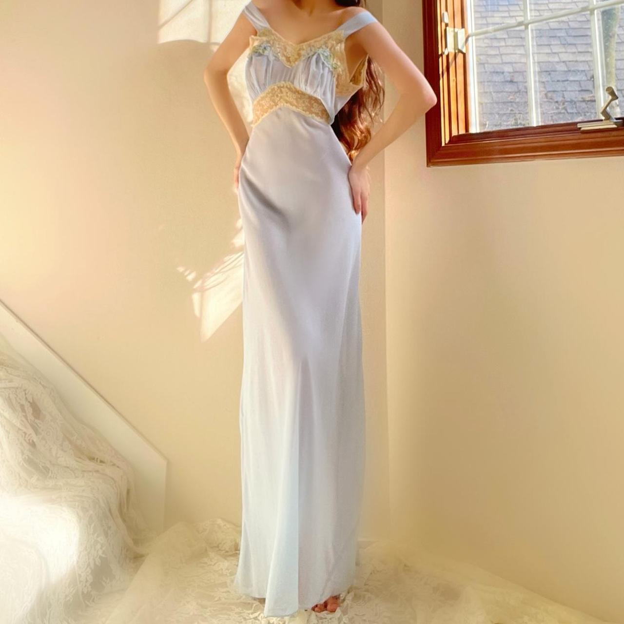 1930s antique baby blue & yellow lace floral bias cut lingerie gown