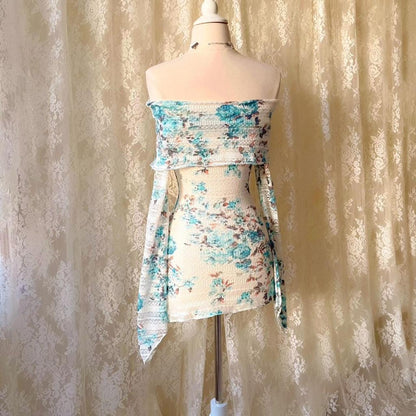 Aphrodite's Angel Baby Blue & White Floral Knit Off the Shoulder Dress