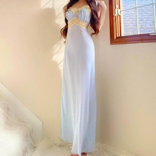 1930s antique baby blue & yellow lace floral bias cut lingerie gown