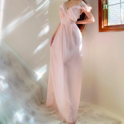 1940s Vanity Fair baby pink ballerina princess ruffled sheer nylon lingerie gown