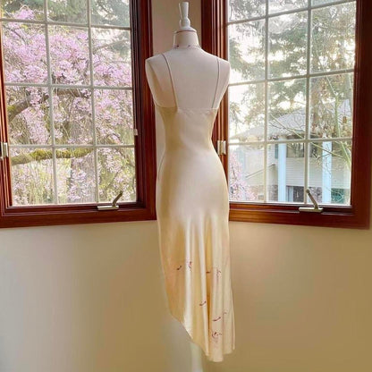 1970s vintage Nightingale champagne nude silk bias cut crane print lingerie slip dress