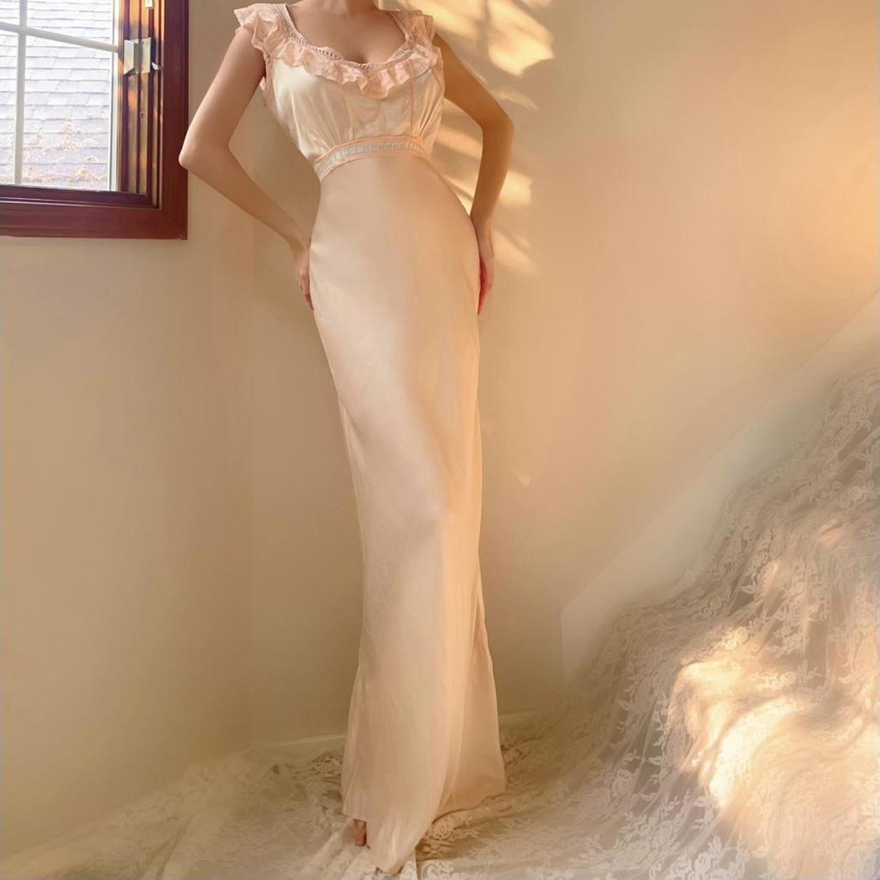 1930s antique peachy baby pink bias cut lace trim lingerie gown