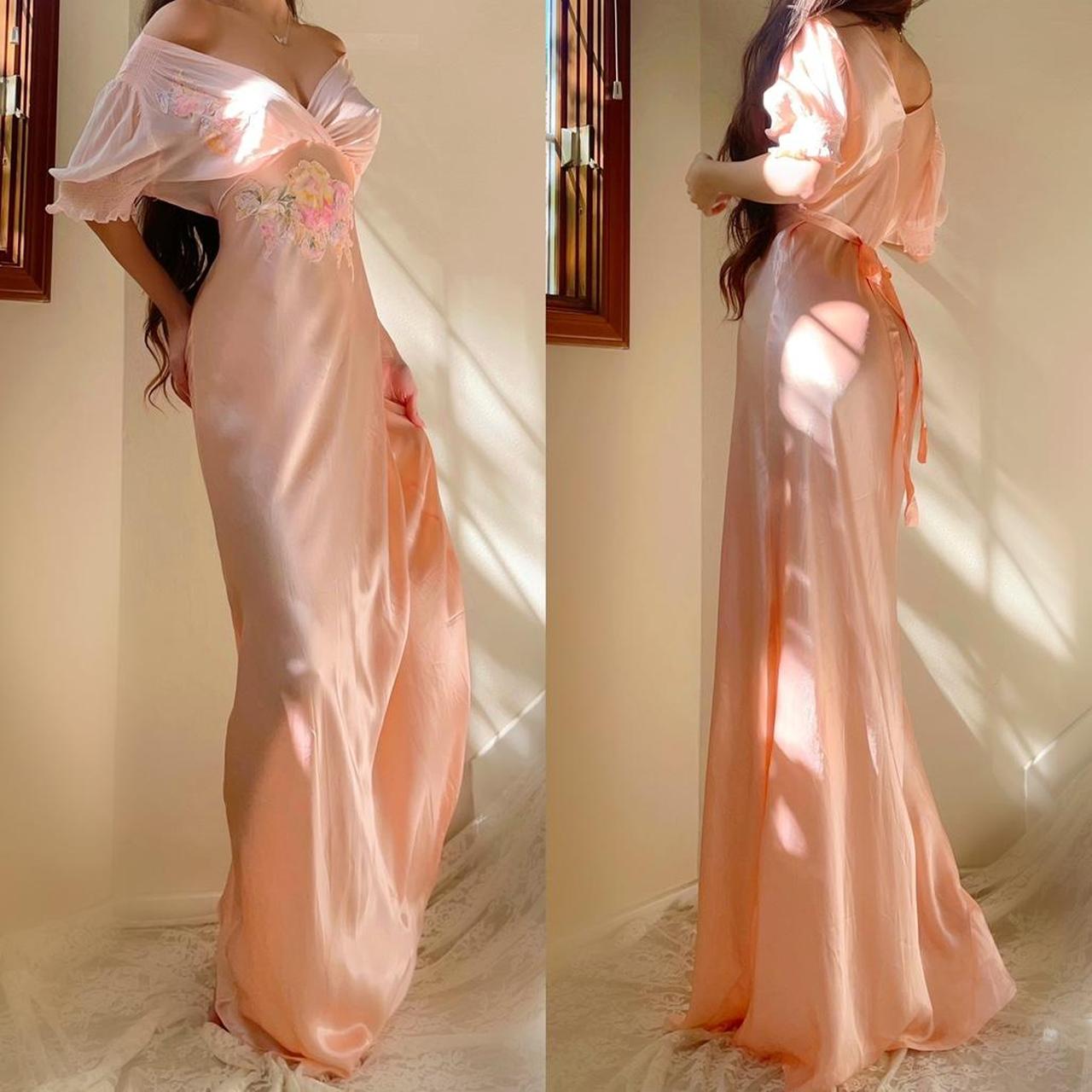1930s antique peachy baby pink floral ruffle sleeve bias cut lingerie gown