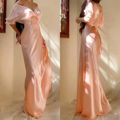 1930s antique peachy baby pink floral ruffle sleeve bias cut lingerie gown