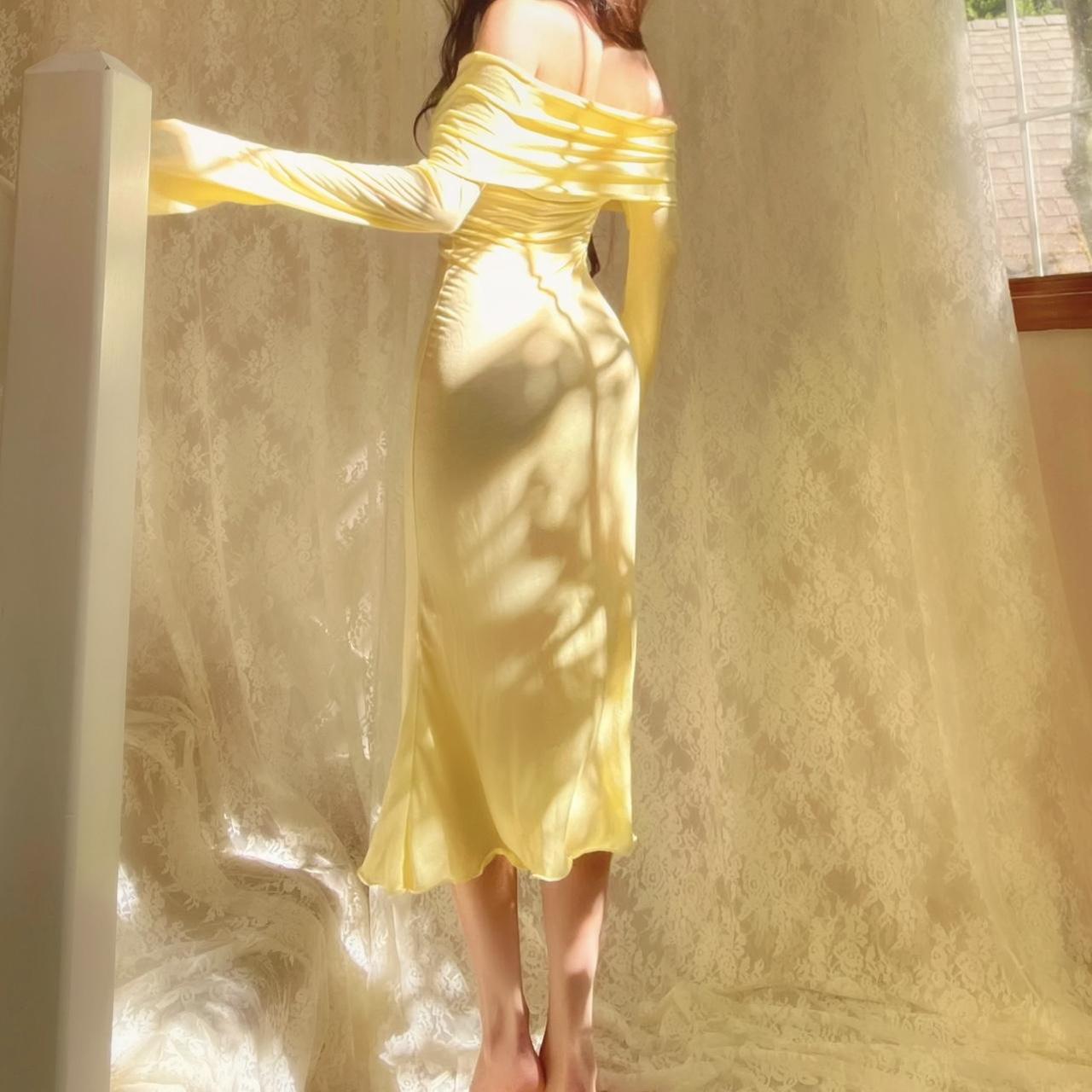 Aphrodite’s Angel Pale Yellow Off the Shoulder Mermaid Midi Dress