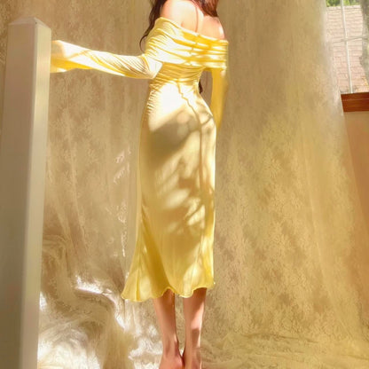 Aphrodite’s Angel Pale Yellow Off the Shoulder Mermaid Midi Dress