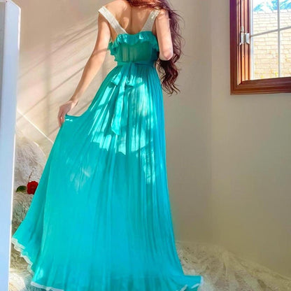 1930s/40s turquoise & white silk chiffon bias cut pleated ruffle mermaid lingerie gow