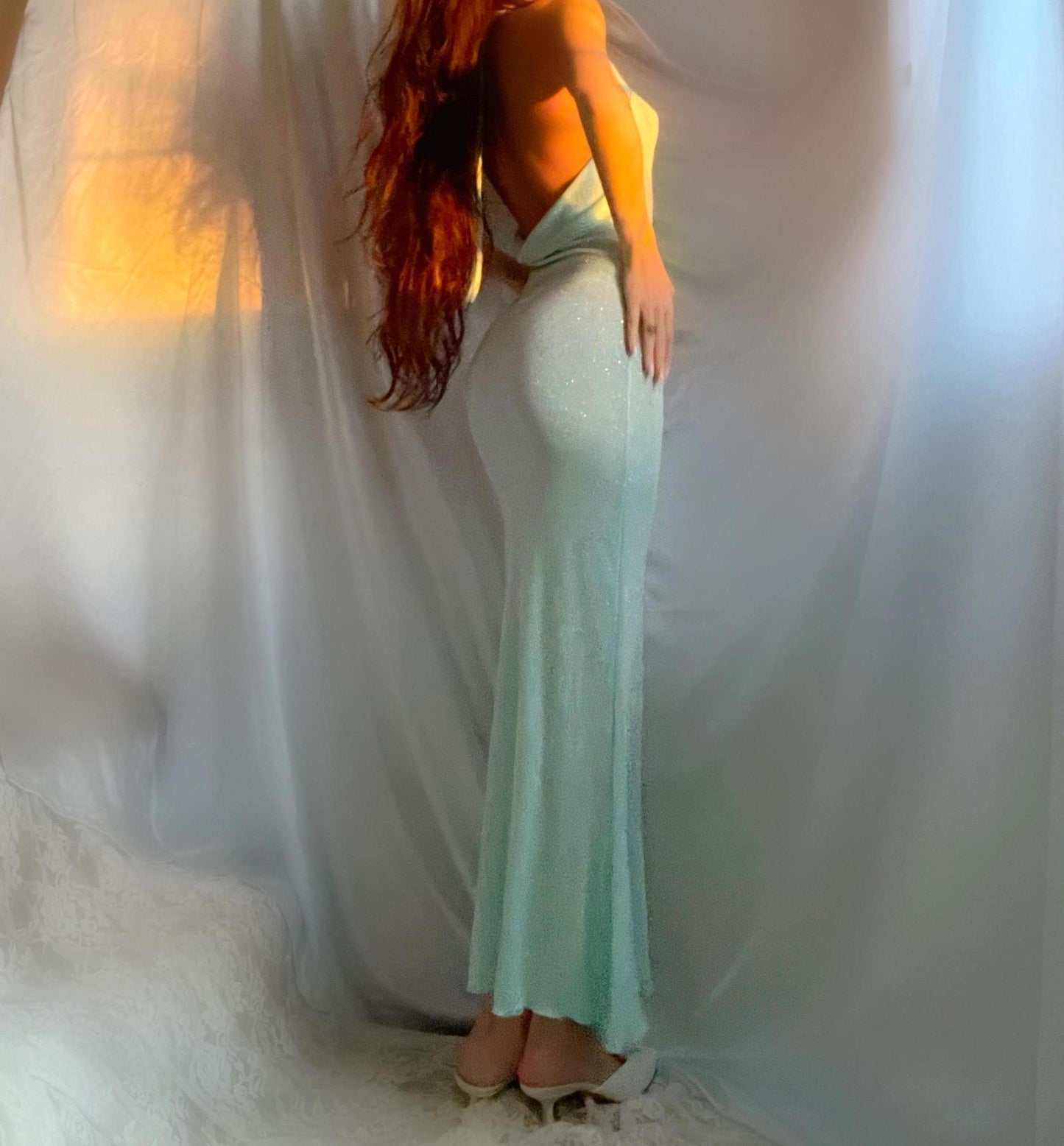 Minty Sea Green Sparkly Cowl Mermaid Maxi Dress (Made to Order)