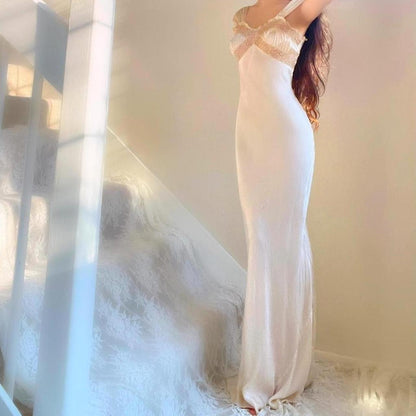 1920s/30s antique champagne nude liquid satin & lace bias cut lingerie gown